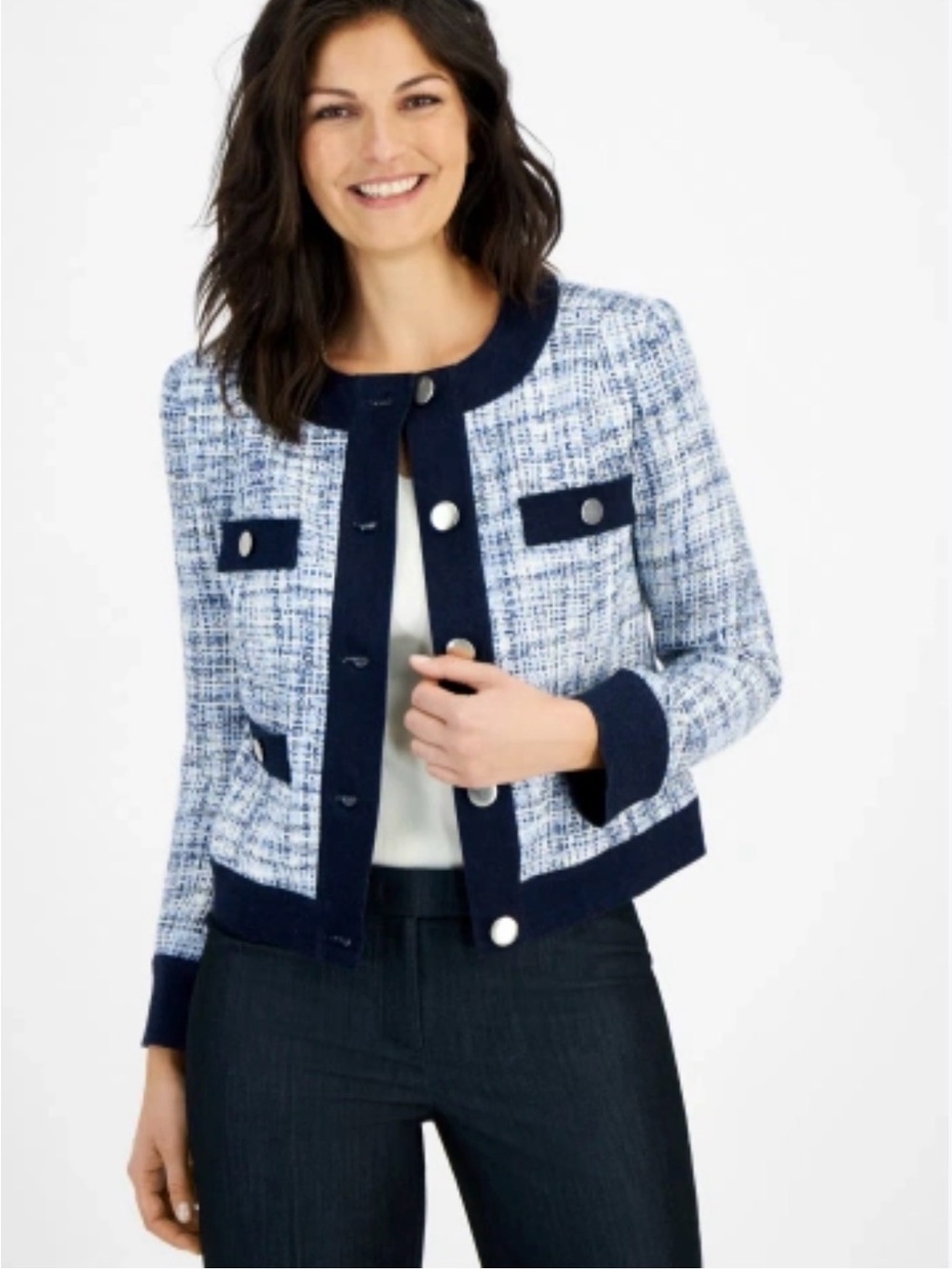 Anne Klein Blue Tweed Jacket with Navy Trim